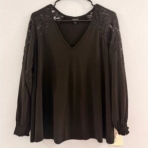 Torrid Black V-Neck Blouse with Lace Sleeves